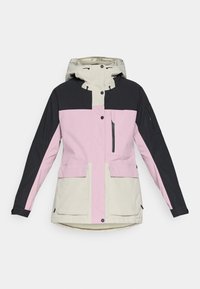 Farbblockierte Jacke in Schwarz, Pink und Creme. Mit Kapuze, Fronttaschen und einer mit Reißverschluss versehenen Brusttasche. Hergestellt aus strukturiertem Stoff.