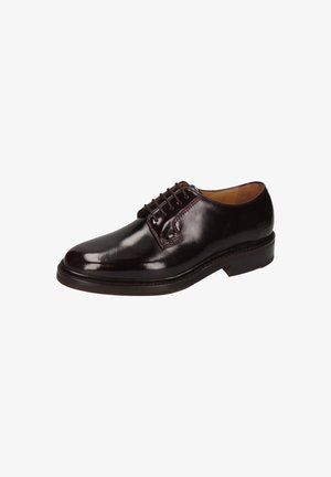 Dunkelburgunderfarbene Leder-Schnürschuhe mit glänzender Oberfläche, runder Zehenform, Schnürdesign und Kontrastnähten entlang der Kanten.