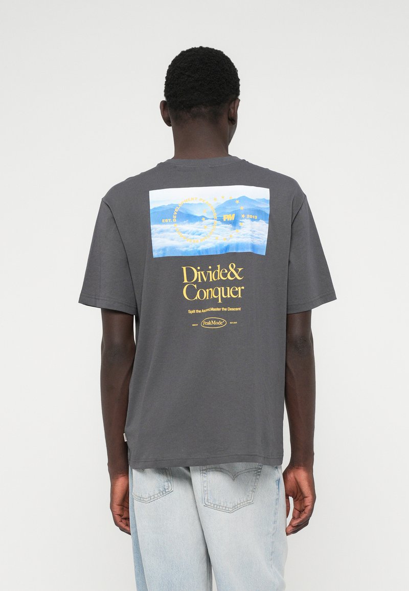 Hallitseva halli puuvillane T-särk lühikeste varrukatega, mille seljal on mäe graafika ja kollane "Divide&Conquer" tekst. Mugav lõige.