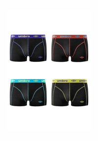 Boxers noirs avec ceintures contrastantes : violet, rouge, bleu et jaune. Dotés d'une ouverture frontale et de détails de couture subtils.