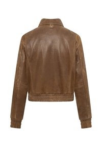 Braune Wildleder-Bomberjacke mit elastischen Bündchen und Bund, weitem Kragen und Rückenlasche.