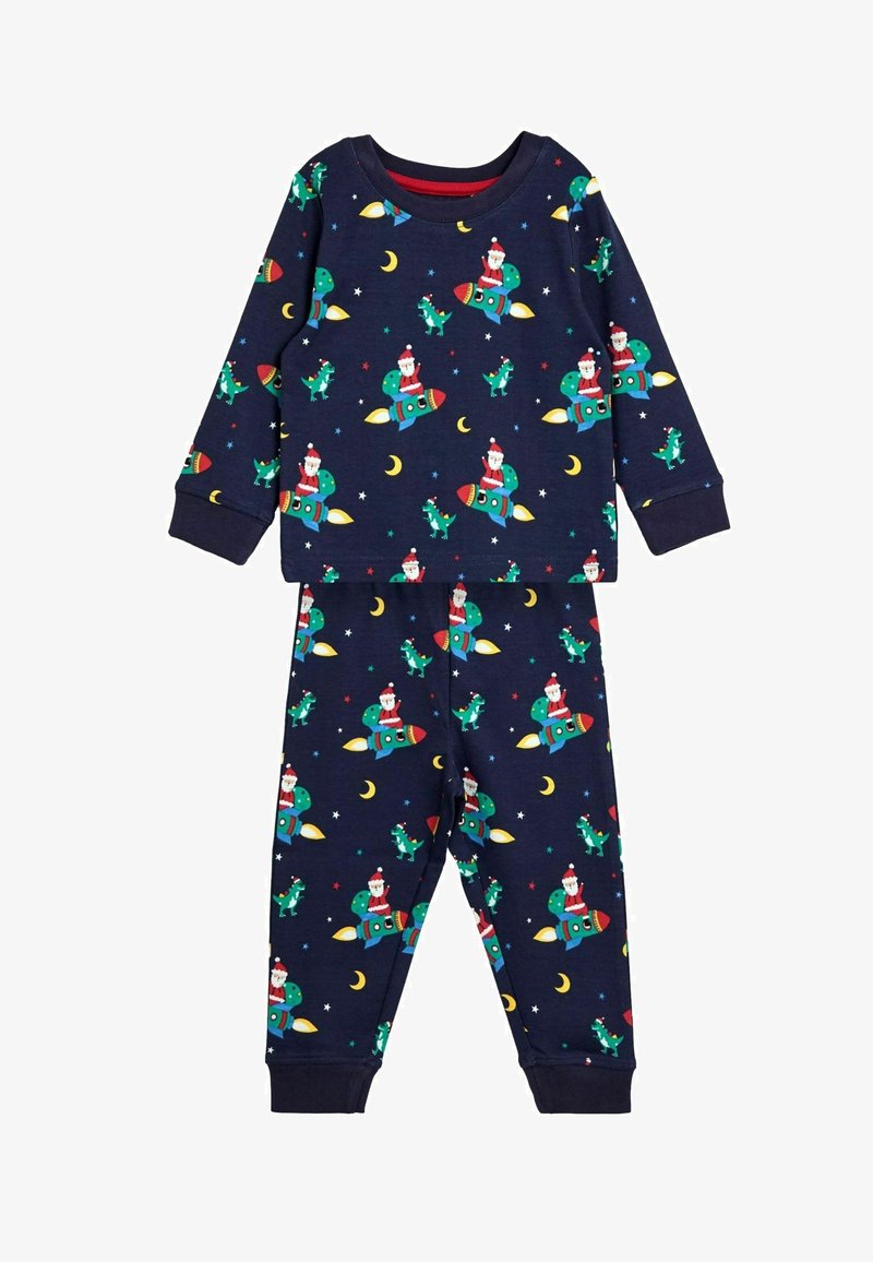 Set di pigiama blu navy composto da una maglietta a maniche lunghe e pantaloni abbinati, decorato con motivi festivi di razzi, dinosauri e Babbo Natale.
