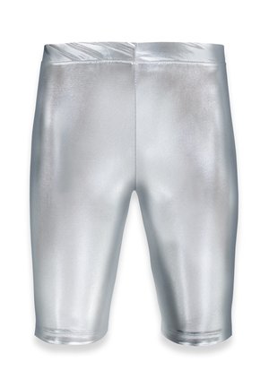 Glanzende zilveren metallic biker shorts met een hoge tailleband en glad, rekbaar stof, gezien van voren.