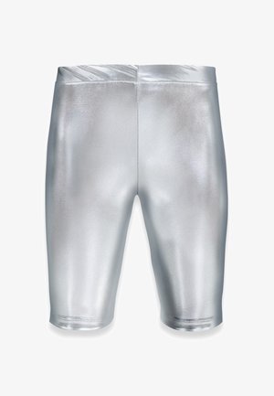 Shiny silver metallic biker shorts with a high waistband and smooth, stretchy fabric shown from the front.