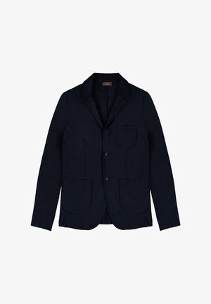 Veste blazer en lin marine avec un col cranté, deux poches plaquées à l'avant et une fermeture à bouton unique. Tissu texturé avec une coupe ajustée.