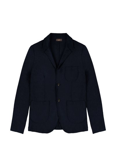 Navy linen blazer featuring a notched collar, two front patch pockets, and a single button closure. Textured fabric with a tailored fit.