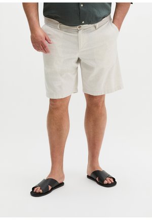 Onderlichaam van een persoon die beige shorts draagt, deels zichtbare zwarte shirt en zwarte slide-sandalen, staand op een witte achtergrond.