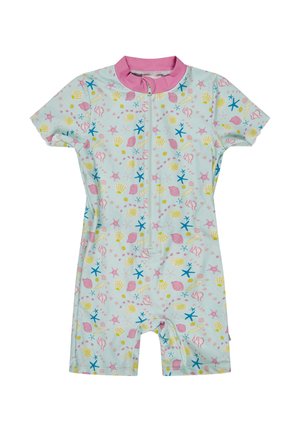 Kurzärmliger Baby-Strampler mit frontalem Reißverschluss, verziert mit bunten Muschel-, Seestern- und Seepferdchenmustern sowie einem pinkfarbenen Kragen.