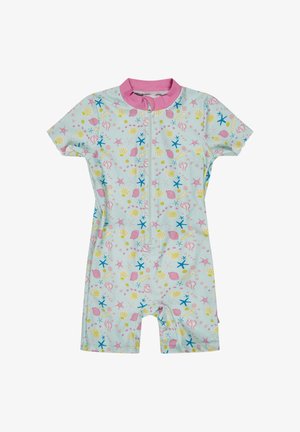 Kurzärmliger Baby-Strampler mit frontalem Reißverschluss, verziert mit bunten Muschel-, Seestern- und Seepferdchenmustern sowie einem pinkfarbenen Kragen.