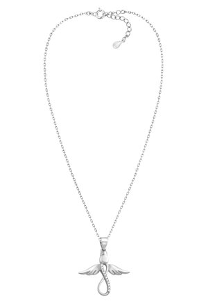Collana in argento con pendente a forma di ali, caratterizzata da una forma di infinito e decorata con piccole pietre trasparenti, su una delicata catena.