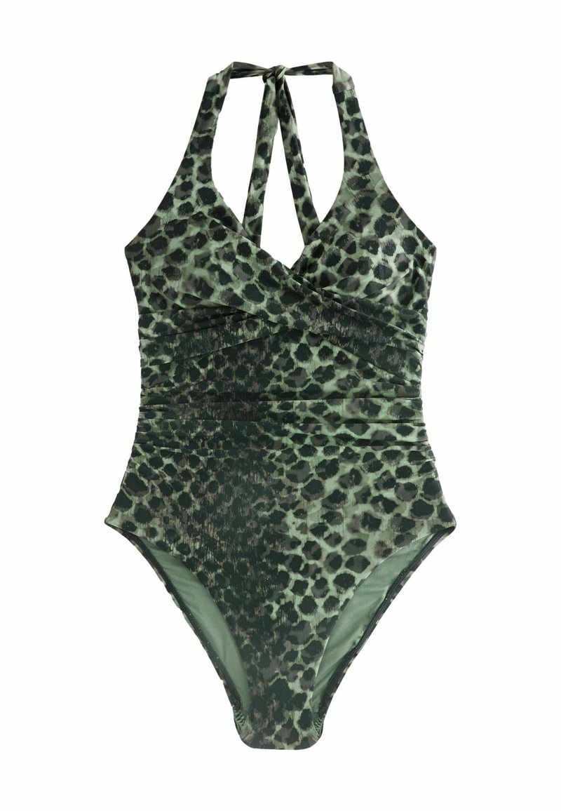 Maillot de bain une pièce imprimé léopard vert avec un col halter, un design croisé dans le dos et une finition texturée.