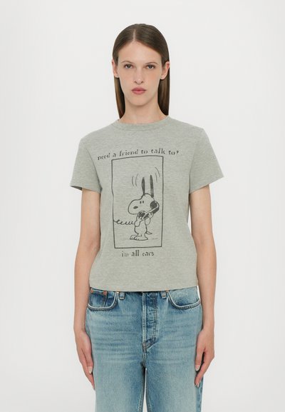 Gray cotton t-shirt featuring a black graphic of a cartoon dog on the front with the text, "need a friend to talk to? in all ears."