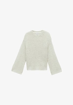 Crème-kleurige gebreide trui met een ronde halslijn, wijde mouwen en een textuurstof. Geribbelde manchetten en zoom voegen detail toe.