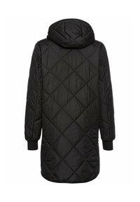 Schwarze gesteppte Jacke mit Kapuze, ausgestattet mit einem Diamantmuster, langen Ärmeln und gerippten Manschetten. Glatte Textur mit einem eleganten Finish.