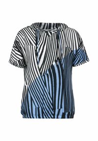 Hoodie à manches courtes en bleu, noir et blanc avec de grands motifs rayés. Comprend une capuche avec cordon de serrage et une coupe décontractée.
