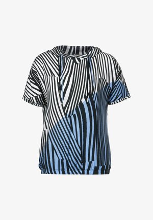 Hoodie a maniche corte in blu, nero e bianco con audaci motivi a righe. Dotato di cappuccio regolabile e una vestibilità rilassata.