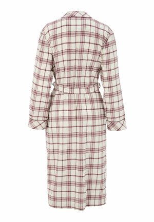 Kariertes Bademantel in Creme mit burgunderroten Quadraten. Er hat lange Ärmel, einen Bindegürtel in der Taille und eine entspannte Passform. Weicher Stoff.