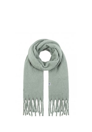Soft light green scarf with long fringes on both ends, loosely looped with a small white brand tag on one side.