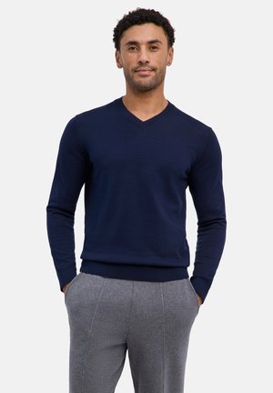 Homme debout, les mains dans les poches, portant un pull en V bleu marine et un pantalon gris sur un fond uni.