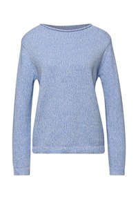 Pull tricoté bleu clair à manches longues et col rond, présentant une texture douce et tachetée.