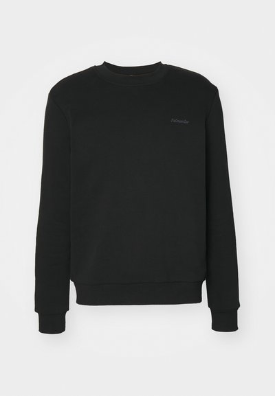 Black sweatshirt made of cotton blend, featuring a crew neckline, long sleeves, ribbed cuffs, and a small embroidered logo on the chest.