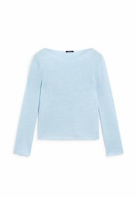 Light blue long-sleeve sweater with a wide neckline, soft textured fabric, ribbed accents at cuffs, and a cropped fit. No visible patterns.