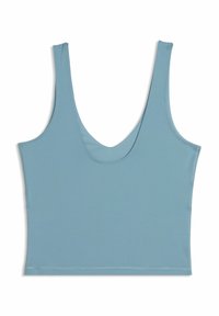 Ανοιχτό μπλε κοντό τοπ με φαρδιές τιράντες και στρογγυλή λαιμόκοψη, κατασκε υασμένο από απαλό, ελαστικό ύφασμα.