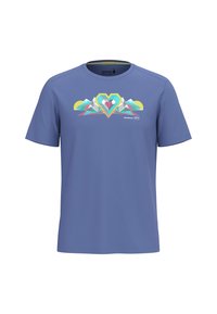 Camiseta de manga corta azul, hecha de una tela suave, que presenta un gráfico colorido de una montaña y un corazón en la parte delantera. Lavable a máquina.
