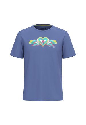 Short-sleeve blue T-shirt made of soft fabric featuring a colorful mountain and heart graphic on the front. Machine washable.