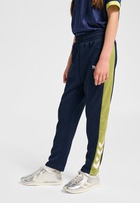 Granatowe spodnie sportowe z zielonym bocznym panelem i białym wzorem w kształcie szewrona, elastycznym pasem i logo z przodu. Widoczne srebrne sneakersy.