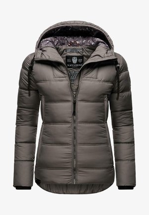 Gray insulated puffer jacket with a zip front, adjustable hood, and elastic cuffs. Features a patterned inner lining and logo detailing.