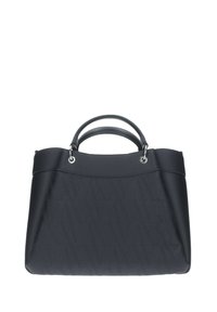 Borsa nera con texture, dotata di doppio manico rotondo, minuteria in metallo e motivo geometrico sulla superficie. Design di dimensioni medie e chiusa.