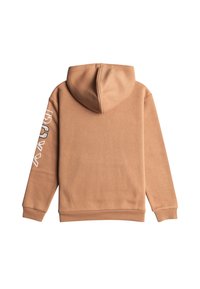 Brązowa bluza z dużym kapturem, ściągaczami przy rękawach i dole. Białe grafiki na lewym rękawie dodają wizualnego detalu. Miękka tekstura materiału.
