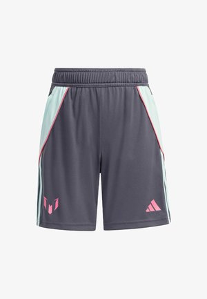Shorts de sport gris foncé avec des panneaux bleu clair et des accents roses, affichant les logos Adidas et Messi sur le bas des jambes à l'avant.