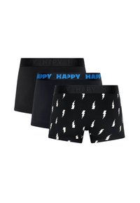 Tri parovi bokserica: dvije u potpunosti crne s teksturiranim pojasom, jedna crna s uzorkom bijelih munja. Sadrže hrabru oznaku "SRETNO".