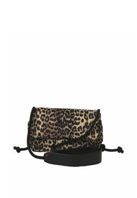 Borsa con stampa leopardata realizzata in tessuto, con design pieghevole, rifiniture nere e tracolla regolabile. Include dettagli con chiusura a cordoncino.