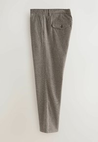 Wool blend trousers in a houndstooth pattern, gray and black. Features a single back pocket, belt loops, and a tailored fit.