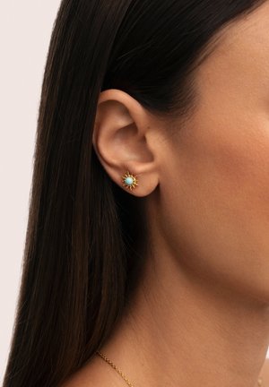 Acercamiento al oído de una mujer que lleva un pendiente de oro con un centro de turquesa, con el cabello lacio y oscuro recogido detrás de la oreja.
