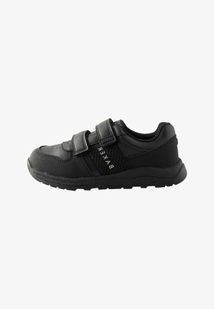 Schwarzer sportlicher Sneaker mit doppelten Klettverschlüssen, strukturiertem Stoff- und Lederobermaterial, gepolstertem Kragen und Gummisohle mit Profil.