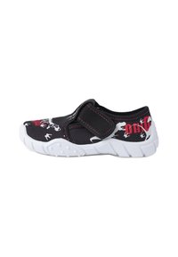Chaussures noires à enfiler avec une semelle en caoutchouc blanche, ornées de motifs colorés de crânes et de lézards, et dotées d'une sangle Velcro pour un maintien sécurisé.