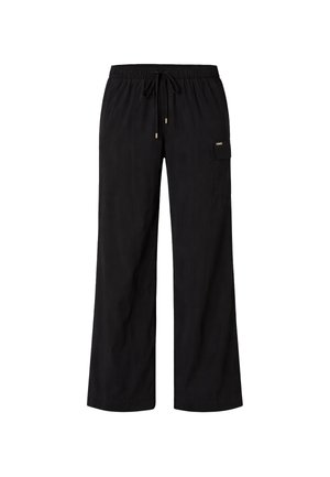 Pantaloni neri a gamba larga con vita elasticizzata, coulisse e una piccola tasca laterale sulla gamba destra con patta e dettaglio con logo.