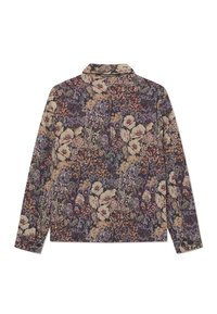 Floral-patterned long-sleeve shirt in shades of purple, cream, and brown. Soft fabric with a collar and buttoned cuffs.