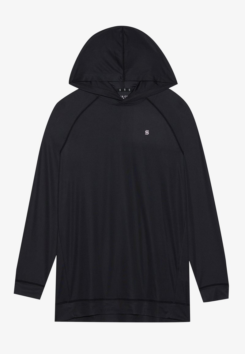 Czarna, długorękawowa, sportowa bluza z kapturem o ryżowej teksturze, z logo z przodu i jednowarstwowym kapturem, zaprojektowana z myślą o aktywnym stylu życia.