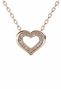 Collana con pendente a forma di cuore in oro rosa, caratterizzata da un bordo di cristalli trasparenti e un centro aperto, attaccata con una delicata catena.