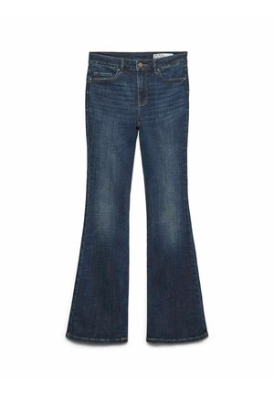 Jean flare en denim bleu foncé avec une taille mi-haute, cinq poches et un léger délavage au niveau des cuisses. Ouverture de jambe distinctive et large à l'ourlet.