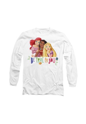 White long-sleeve t-shirt featuring three cartoon characters with colorful text "Be True Be You" beneath them. Soft fabric, relaxed fit.