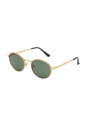 Round sunglasses with gold metal frame, dark green lenses, adjustable nose pads, and black temple tips.