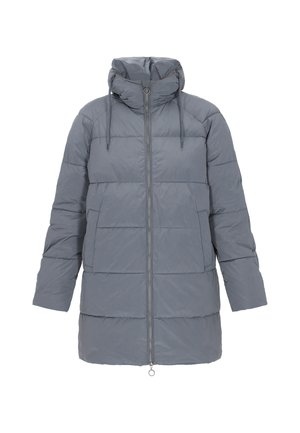 Palton gri captusit cu glugă, închidere cu fermoar, buzunare frontale și șnururi elastice. Prezintă un design matlasat și o textură netedă.