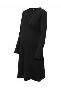 Robe de maternité noire à manches longues avec encolure en V style cache-coeur et tissu côtelé, conçue pour le confort et l'élasticité.