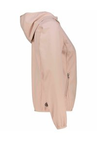 Ljusrosa vattentät jacka med huva, framdragskedja och elastiska ärmslut. Slät yta med en logotyp vid fållen. Sidoficka med dragkedja ingår.